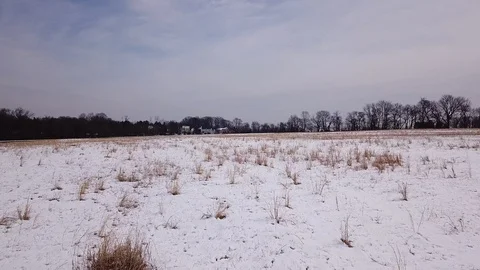 Drone low to horizon forward through dead grass melted snow field Stockbeeldmateriaal 104308217