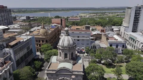 Drone lowers on back side of National Pantheon of Heroes in Asuncion, Paraguay Video stock 293984153