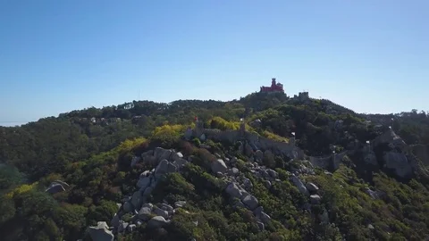 Drone - Medieval "Castle of the Moors" &amp; Pena National Palace. Sintra Portugal Stock Footage 82474992