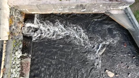 Drone medium top down as water gushes out of culvert pipe from dam into splash Stock Footage 324021969