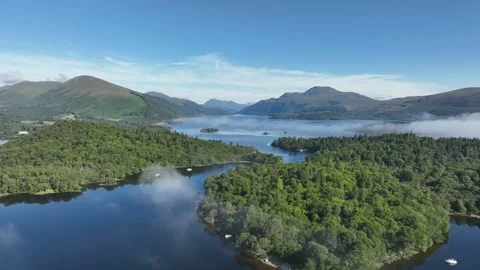 Drone, Misty, low level cloud, summers morning, Loch Lomond, Scotland Stock Footage 204716244