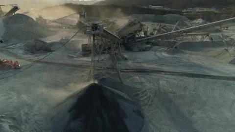 Drone mobile concrete batching plant steel conveyor mining. Industrial landscape Stock Footage 145591576