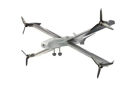 Drone model with four propellers on white background, showcasing intricate de Photos