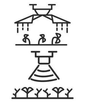 The drone monitors the crops in the fields.A quadcopter watering dying plants Illustrazione stock