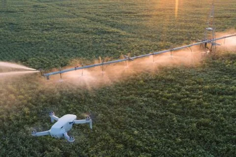 The drone monitors the operation of automatic watering. Stock Photos