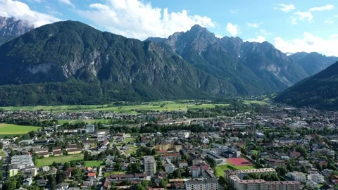 Drone mountain view in the city of Lienz, Tyrol, Austria with old church Stock Footage 196196774