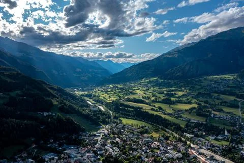 Drone mountain view in the city of Lienz, Austria. Aerial view over Dolomites Stock Photos