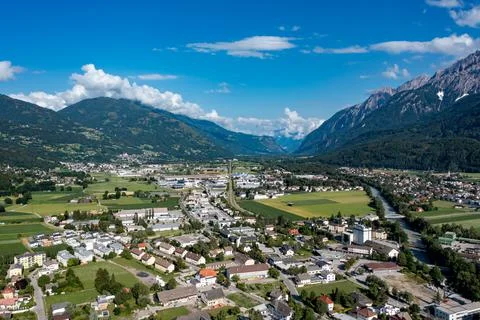Drone mountain view in the city of Lienz, Austria. Aerial view over Dolomites Stock Photos
