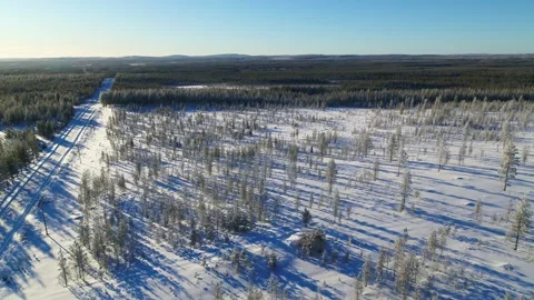 Drone move backwards over snow filled sun soaked forest in Finland Stock Footage 275261332