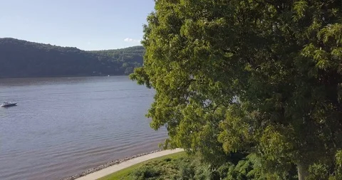 Drone move right left from tree to reveal Hudson river and bridge Stock Footage 95148838