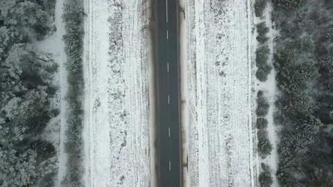 Drone movement along a snow-covered road and winter forest. Stock Footage 145482334
