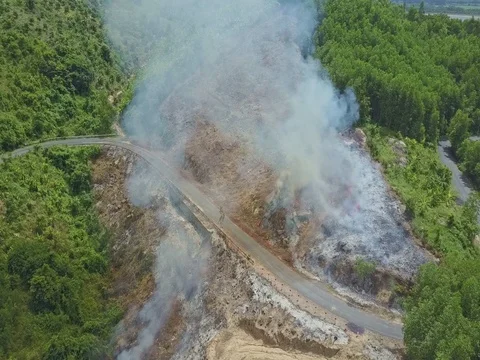 Drone Moves above Fire Burning down Trees in Jungle Stock Footage 80075549