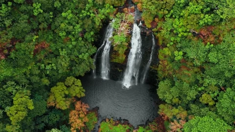 Drone moves away from a mountain waterfall in an autumn forest, Opaekaa Falls Video stock 136418095
