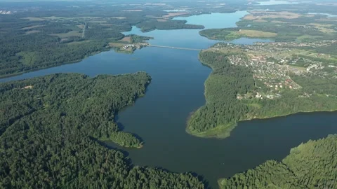 Drone moving backward over forest and river Stock Footage 320120776