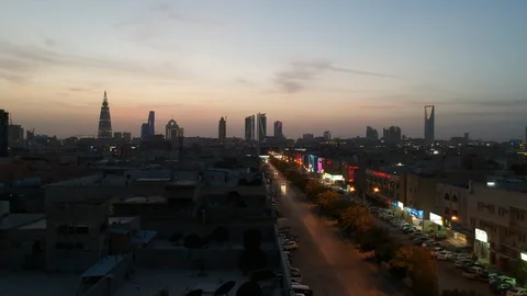 Drone moving backwards and showing Riyadh center skyline Stock Footage 87712832