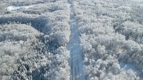 Drone moving forward and looking down onto a snow covered single lane road Stock Footage 230032116