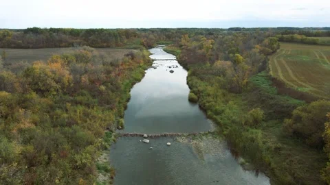 Drone moving forward and looking down onto a rocky river Stock Footage 255669874