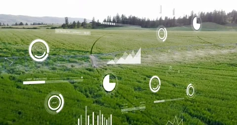 Drone moving forward over crop field, HUD gauges and charts analyzing crop Stock Footage 331125218