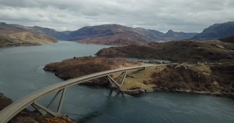 Drone moving forward over Kylesku Bridge on NC500 Stock Footage 169394194