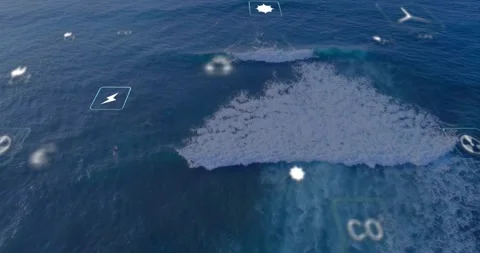 Drone moving forward over ocean, foam patch anchoring AR icons visualizing Video stock 330541331