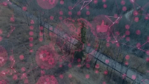 Drone moving over dry field initiating technology overlay scanning red nodes Stock Footage 327786358