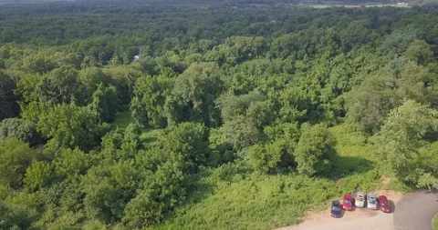 Drone moving over forrest tilt up to horizon Stock Footage 93219042