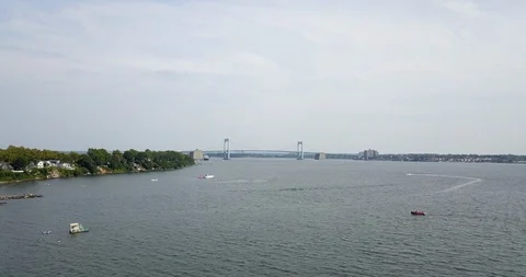 Drone moving right to left over Hudson River bridge background Stock Footage 114368874