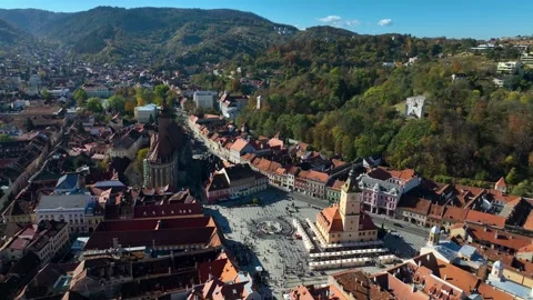 Drone Moving Right Over Black Church and Main Square Brasov Romania. Video stock 288328686