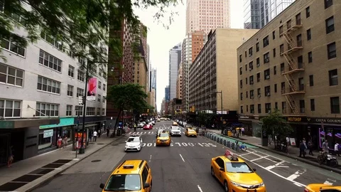 Drone moving shot of iconic yellow taxis in NYC New York City Manhattan Stock Footage 95960907