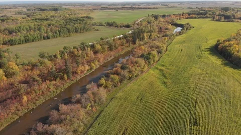 Drone moving slowly forwards to show a vast farm, forest and river landscape Stock Footage 117859282