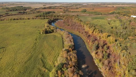 Drone moving slowly over a vast farm landscape with corn fields. Stock Footage 116839758