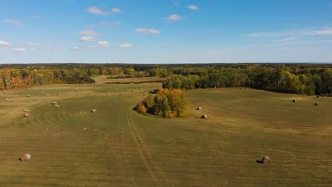 Drone moving slowly over a vast farm landscape with hay fields and meadows. Stock Footage 116839916