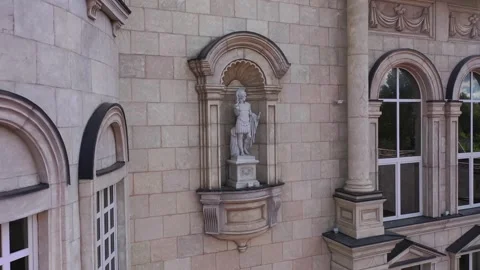 Drone moving toward facade statue Zhavoronki hall Stock Footage 330363713