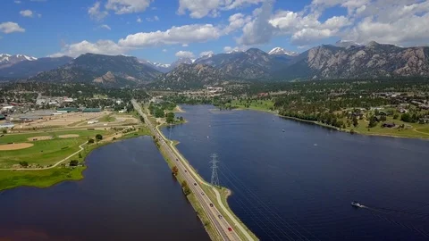 Drone Moving Toward Town of Estes Park with Rocky Mountains Stock Footage 113296403