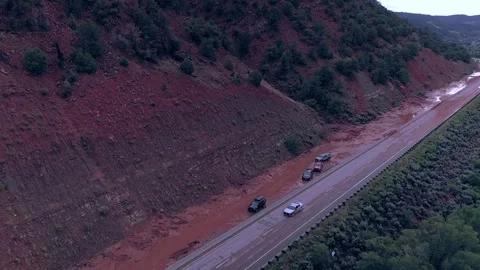Drone:  Mud Slide Closes Mountain Highway Stock Footage 281574687