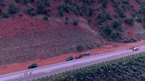 Drone:  Mud Slide Traps Vehicles On Mountain Highway Stock Footage 281574903