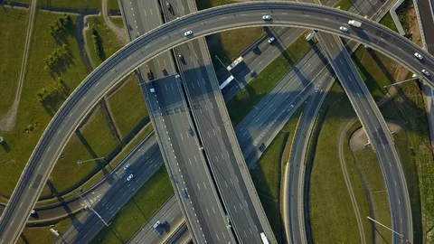 Drone multi-level layered ring modern road junction highway Petersburg cityscape Video stock 128750076