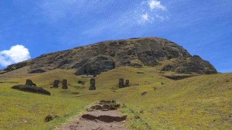 DRONE: Mysterious moai statues face empty trail leading up to the volcano. Stock Footage 111228629