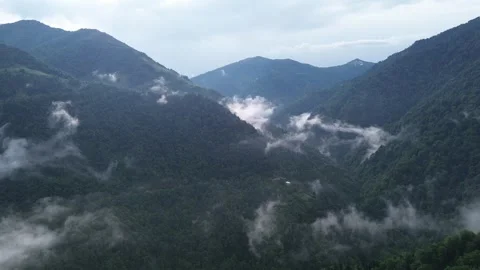 Drone Near Snow Dusted Forest Peaks, Clouds Drifting Over Mountains, Georgia 스톡 동영상 337333875