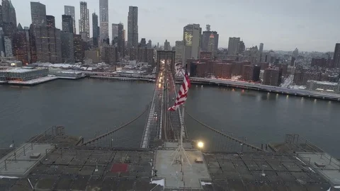 Drone New York City buildings aerial shot Manhattan Skyline brooklyn bridge snow Stock Footage 84442053