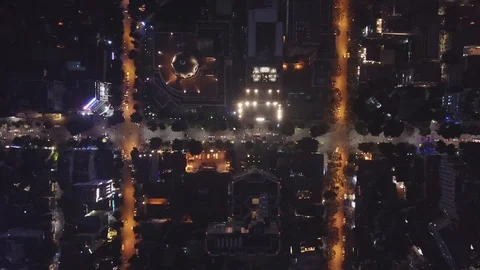 Drone night cityscape backlight drawing houses Active road trafic Vietnam best Vidéo 107138825