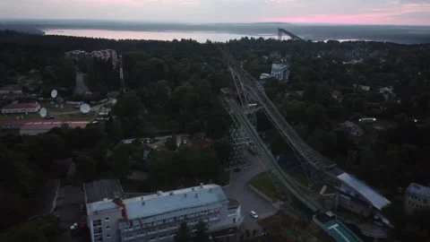 Drone Night Flight Around The Old Ski Jump On The Horizon Lake Sunset Stock Footage 134282194