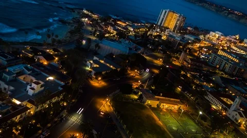 Drone night hyperlapse of resort town of La Jolla as camera rotates Stock Footage 86832773