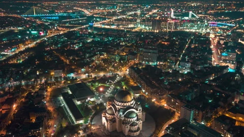 Drone night time lapse of St. Sava temple and rest of Belgrade Stock Footage 165989166