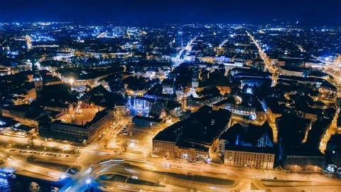 Drone Night Timelepse Riga city Old Down Drone Flight daugava, latvia river Video stock 88731584