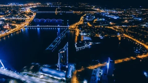 Drone Night Timelepse Riga city Old Down Drone Flight daugava, latvia river Video stock 88732010