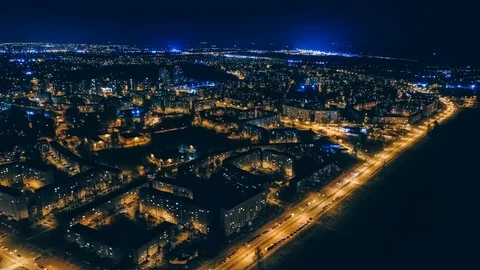 Drone Night Timelepse Riga city hypperlapse block of flats Drone Flight daugava Stock Footage 88815761