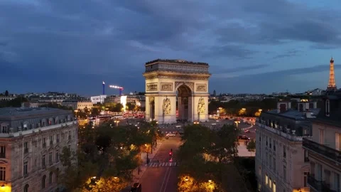 Drone night view of Arc de Triomphe (Arch of Triumph) in Paris, France Stock Footage 307555835