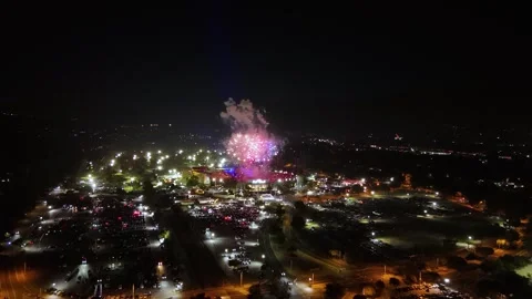 Drone night view of fireworks display over stadium in Pasadena, Los Angeles Stock Footage 319214755