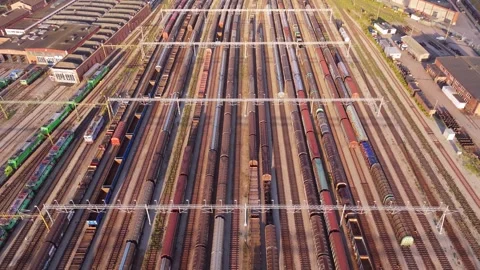 Drone Oblique Forward Tracking Shot of Railway Yard Stock Footage 341523662